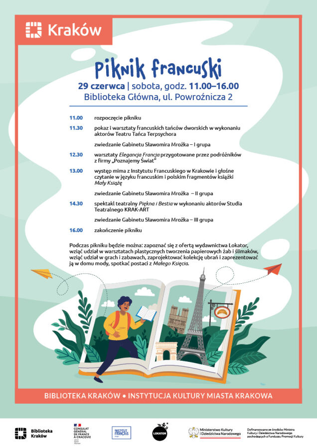 plakat z programem Pikniku Francuskiego w Bibliotece Kraków 
