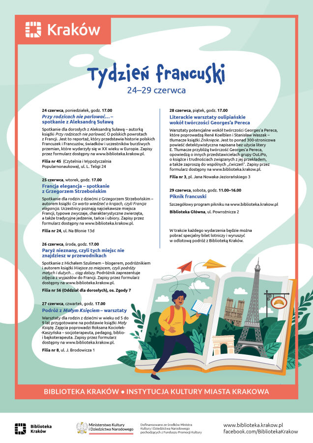 Plakat z programem Tygodnia Francuskiego w Bibliotece Kraków 