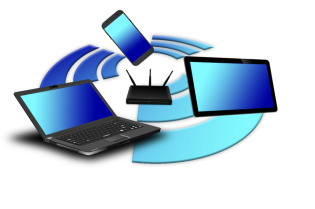 Grafika przedstawia router, tablet, laptop i telefon komórkowy.