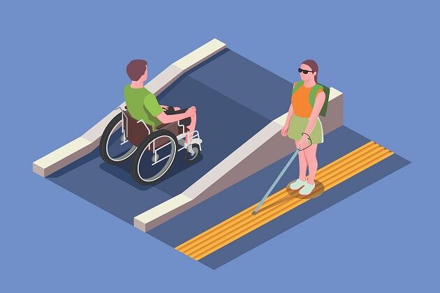 Grafika przedstawia osoby z niepełnosprawnością ruchową i wzrokową.