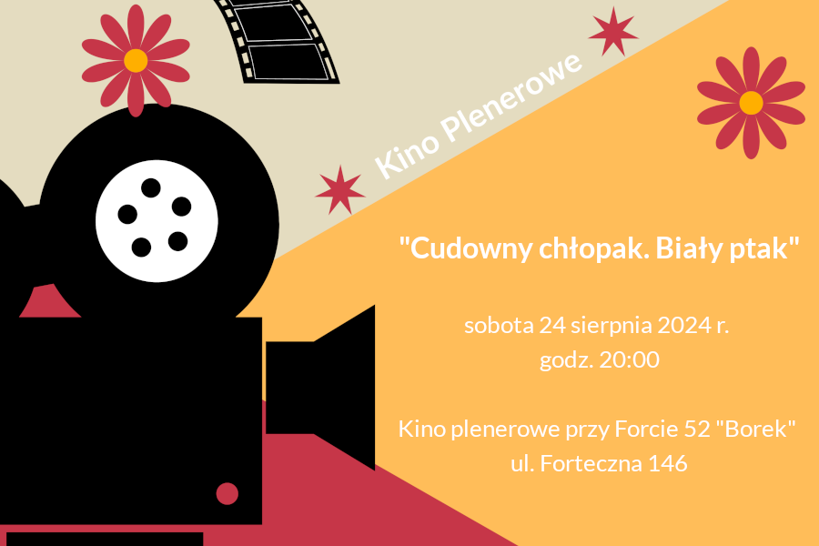 Rysunek przedstawiający stary projektor filmowy na kolorowym tle i napis: 