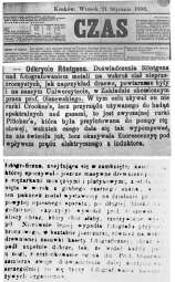 Dziennik „Czas” z 21 stycznia 1986 r. – komunikat o pierwszych polskich doświadczeniach z promieniami rentgenowskimi 