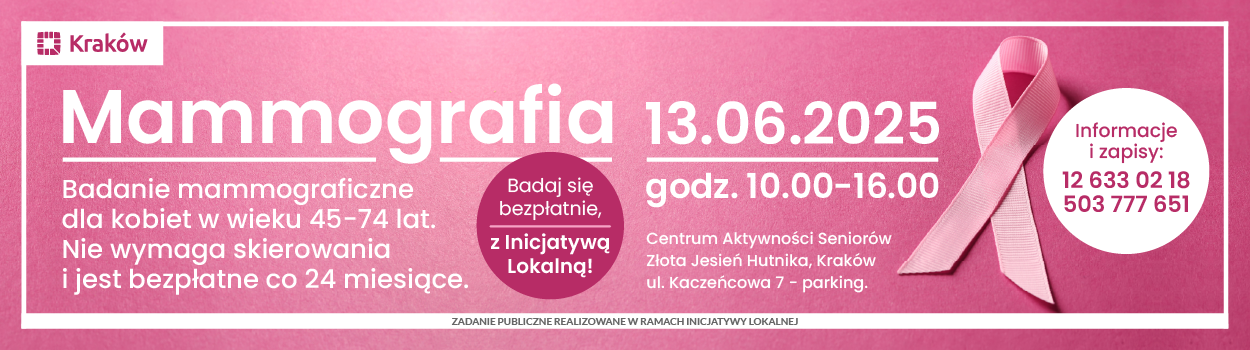  Grafika przedstawia zaproszenie na bezpłatne badania mammograficzne – 13 czerwca 2025 r. w Krakowie Bezpłatne badania mammograficzne – 13 czerwca 2025 roku w Krakowie