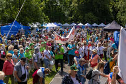 Zdjęcie przedstawia dużą grupę seniorów biorących udział w senioraliach. Ludzie ubrani w kolorowe koszulki. W tle namioty wystawców, balony i drzewa. Wydarzenie odbywa się w słoneczny dzień.