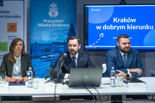 Miszalski, Klaman, Sęk, Mazur, konferencja, dziennikarze, Kraków w dobrum kierunku, zdjęcia