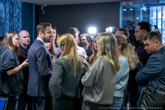 Miszalski, Klaman, Sęk, Mazur, konferencja, dziennikarze, Kraków w dobrum kierunku, zdjęcia