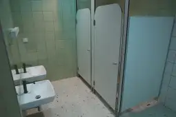 Toaleta z dwiema umywalkami i kabinami. Zielone płytki na ścianach.