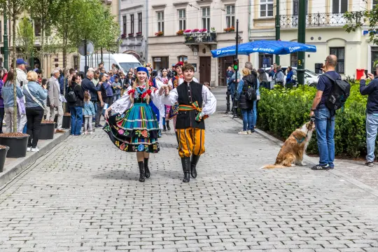 Parada w strojach ludowych na ulicy, z tłumem widzów i psem w tle.