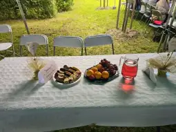Stół z przekąskami, owocami i napojem w plenerze.