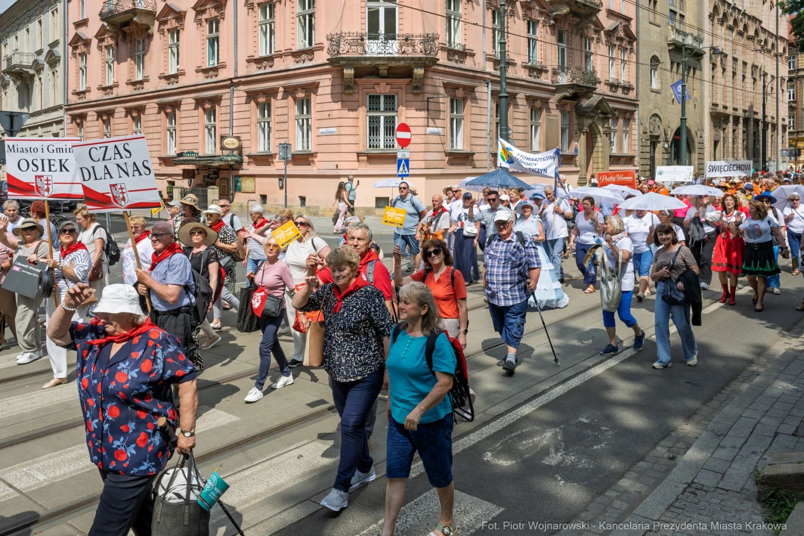 Tłum ludzi idący ulicą w trakcie marszu, trzymający transparenty i parasole.  Autor: Piotr Wojnarowski