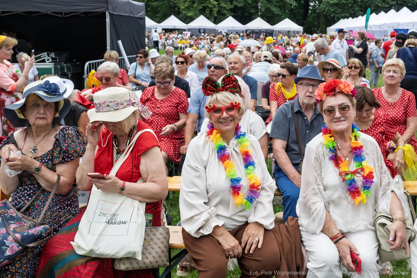 Grupa osób w kolorowych strojach i akcesoriach, bawiących się na festiwalu w parku.  Autor: Piotr Wojnarowski