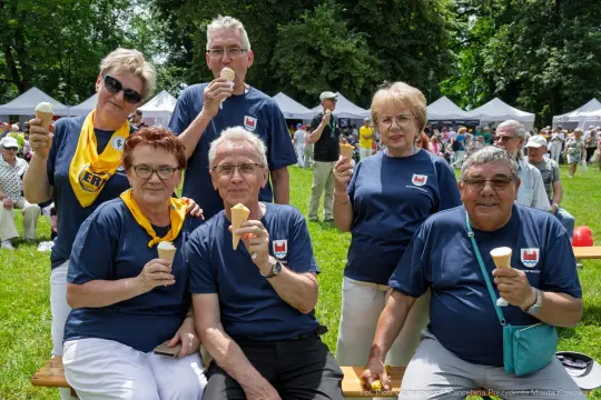 Grupa sześciu osób w koszulkach z herbem, trzymających lody, uśmiechających się na pikniku.