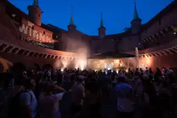 Festiwal muzyczny w zamku, tłum ludzi bawiący się przy scenie.