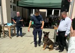 Policjant z psem służbowym podczas wydarzenia na świeżym powietrzu.