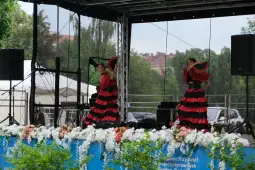 Tancerki w czerwono-czarnych strojach wykonujące taniec na scenie.