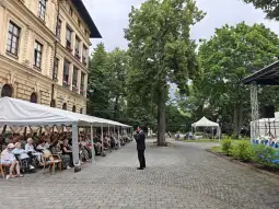 Występ artysty przed publicznością siedzącą pod namiotami w parku.