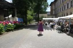 Kobieta w fioletowej sukience tańczy na placu, obok siedzący ludzie i kaczki.