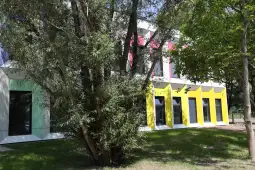 Nowoczesny budynek z kolorowymi oknami otoczony drzewami i trawnikiem.