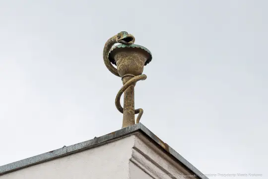 Rzeźba węża owiniętego wokół lampy na dachu budynku.