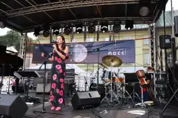 Kobieta w kwiecistej sukience występuje na scenie, obok instrumenty muzyczne.