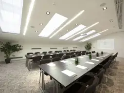 Nowoczesna sala konferencyjna z długim stołem, krzesłami i roślinami.