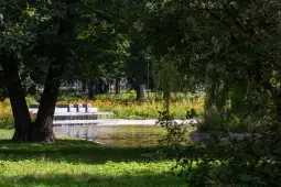 Zielony park z fontanną i kwiatami w tle.