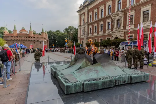 Pomnik z wiecznym ogniem, tłum ludzi, flagi, zamek w tle.