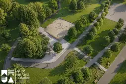 Park z alejkami, boiskami do siatkówki i zielonymi drzewami.