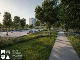 Zielony park z alejkami, ławkami i dziećmi bawiącymi się na placu zabaw.