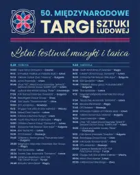 Program 50. Międzynarodowych Targów Sztuki Ludowej z harmonogramem występów na sobotę i niedzielę.