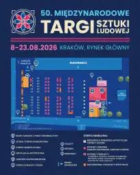 Plan targów sztuki ludowej w Krakowie z oznaczeniem stref i datą wydarzenia.