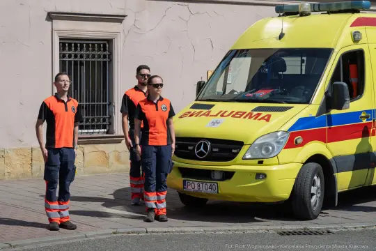 Zespół ratowników medycznych obok karetki pogotowia.