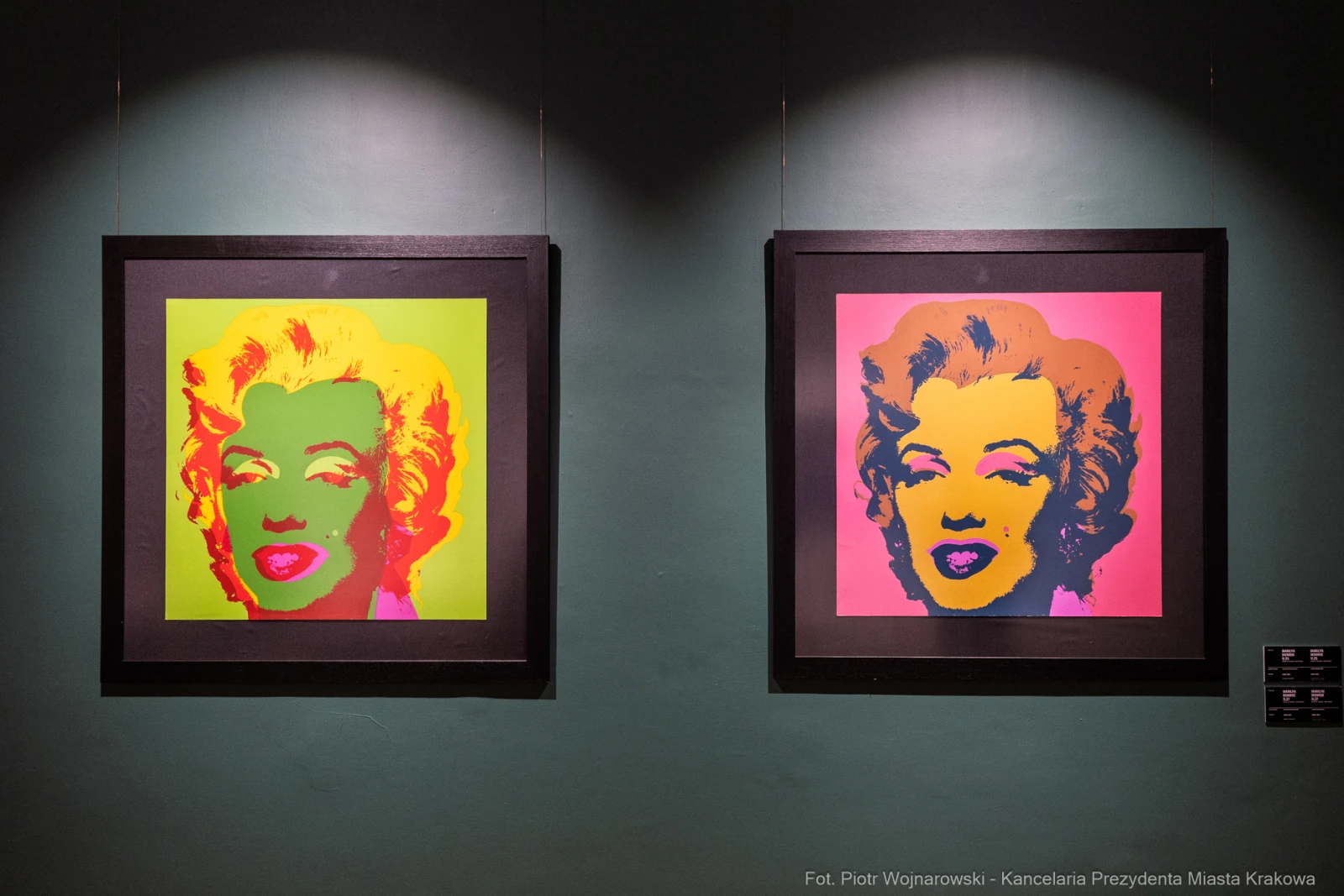 Dwa kolorowe portrety Marilyn Monroe w ramach na zielonej ścianie.  Autor: Piotr Wojnarowski