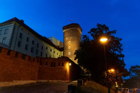 Zamek na Wawelu oświetlony w nocy, z widoczną wieżą i flagą.