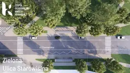 Zielona ulica Starowiślna w Krakowie z drzewami i samochodami.