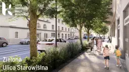 Zielona ulica Starowiślna w Krakowie z chodnikiem, drzewami i dziećmi spacerującymi.