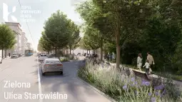 Zielona ulica Starowiślna z drzewami, kwiatami i spacerującymi ludźmi.