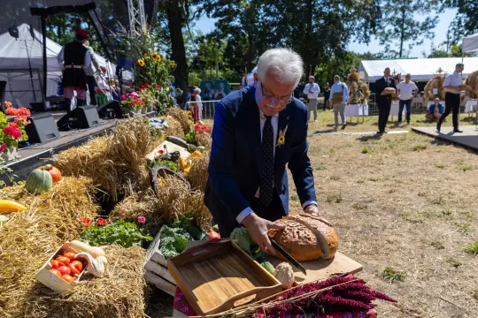 Mężczyzna kroi chleb na tle dekoracji z warzywami i słomy podczas festynu.