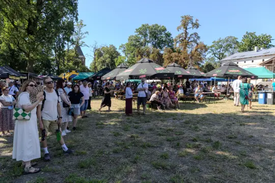 Tłum ludzi na festiwalu, stoiska z parasolami, zieleń wokół.