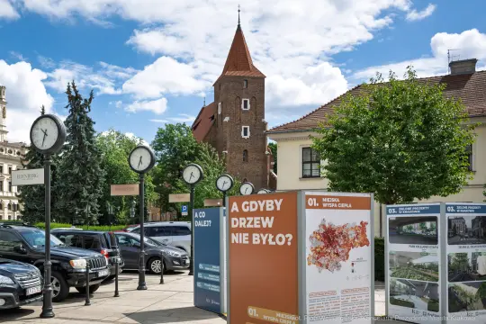 Zegarowe słupy i tablice informacyjne w miejskim krajobrazie z wieżą w tle.