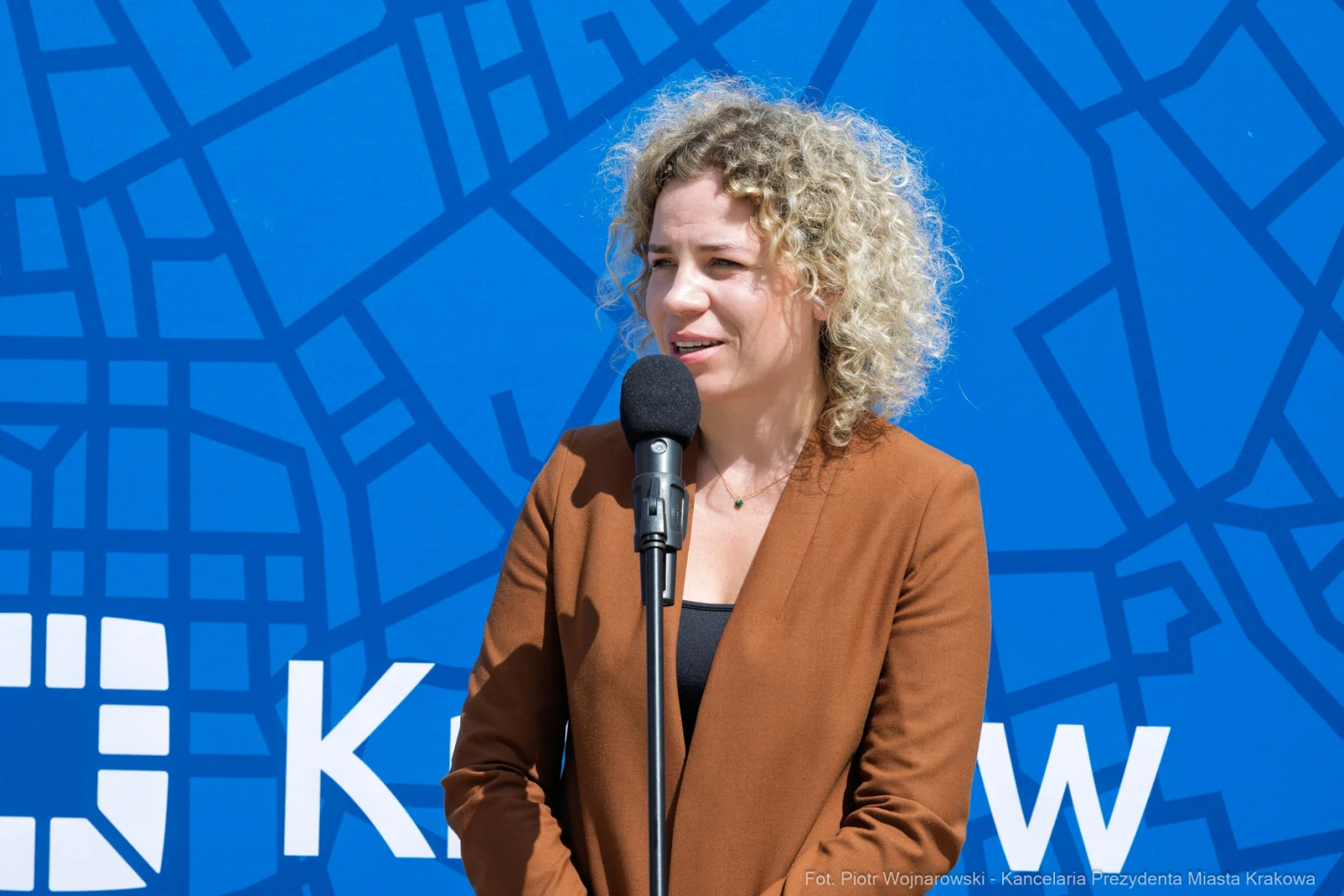 Kobieta z kręconymi włosami przemawia do mikrofonu na tle niebieskiego tła z mapą.  Autor: Piotr Wojnarowski