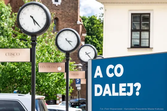 Zegarowe słupy z nazwami miast i pytaniem A CO DALEJ? na tle zieleni.