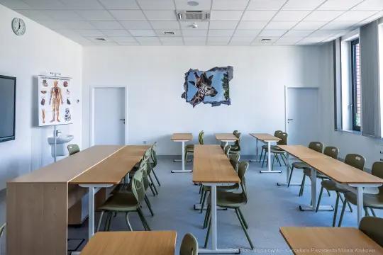 Pusty pokój lekcyjny z biurkami i krzesłami, na ścianie plakat z grafiką.