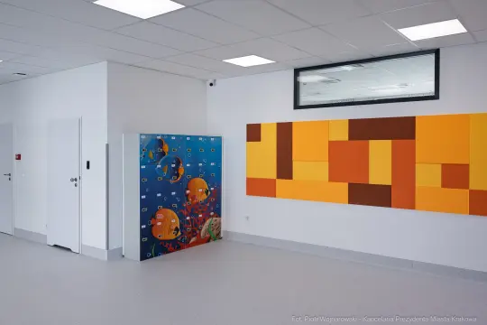 Nowoczesna sala z kolorowymi panelami na ścianie i szafkami na rzeczy osobiste.