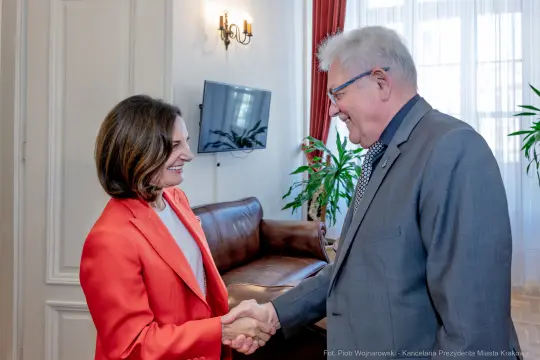 Spotkanie dwóch osób, uściski dłoni, formalne ubrania, wnętrze biura.