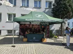 Stoisko Nadleśnictwa Niepołomice z zielonym namiotem i wystawą produktów leśnych.