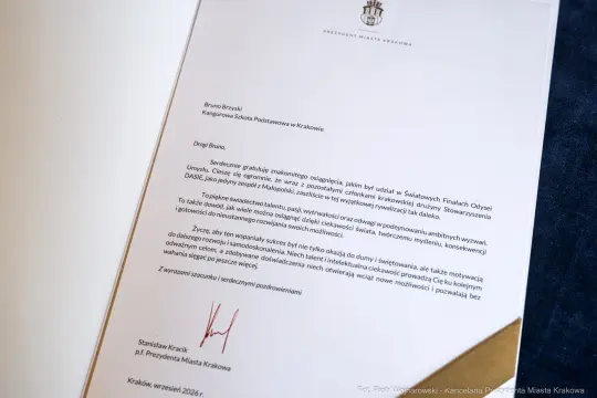 List z podziękowaniami od Prezydenta Miasta Krakowa.