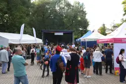 Tłum ludzi na festynie, stoiska z jedzeniem i sceną w tle.