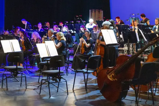 Orkiestra grająca na scenie, muzycy z instrumentami w eleganckich strojach.