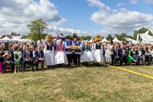 Grupa osób w tradycyjnych strojach ludowych podczas festiwalu na tle tłumu i chmur.